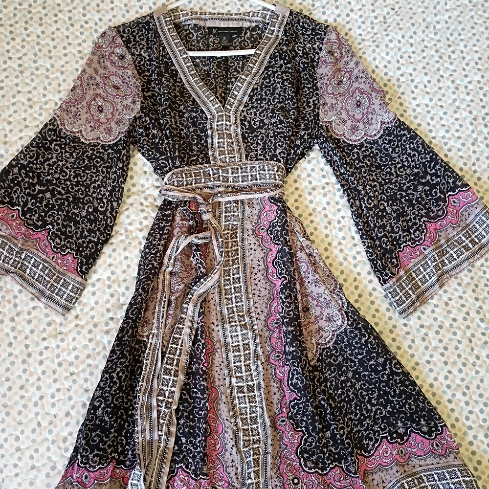 INC International Concepts Black Pink Paisley Long Sleeve Maxi Dress